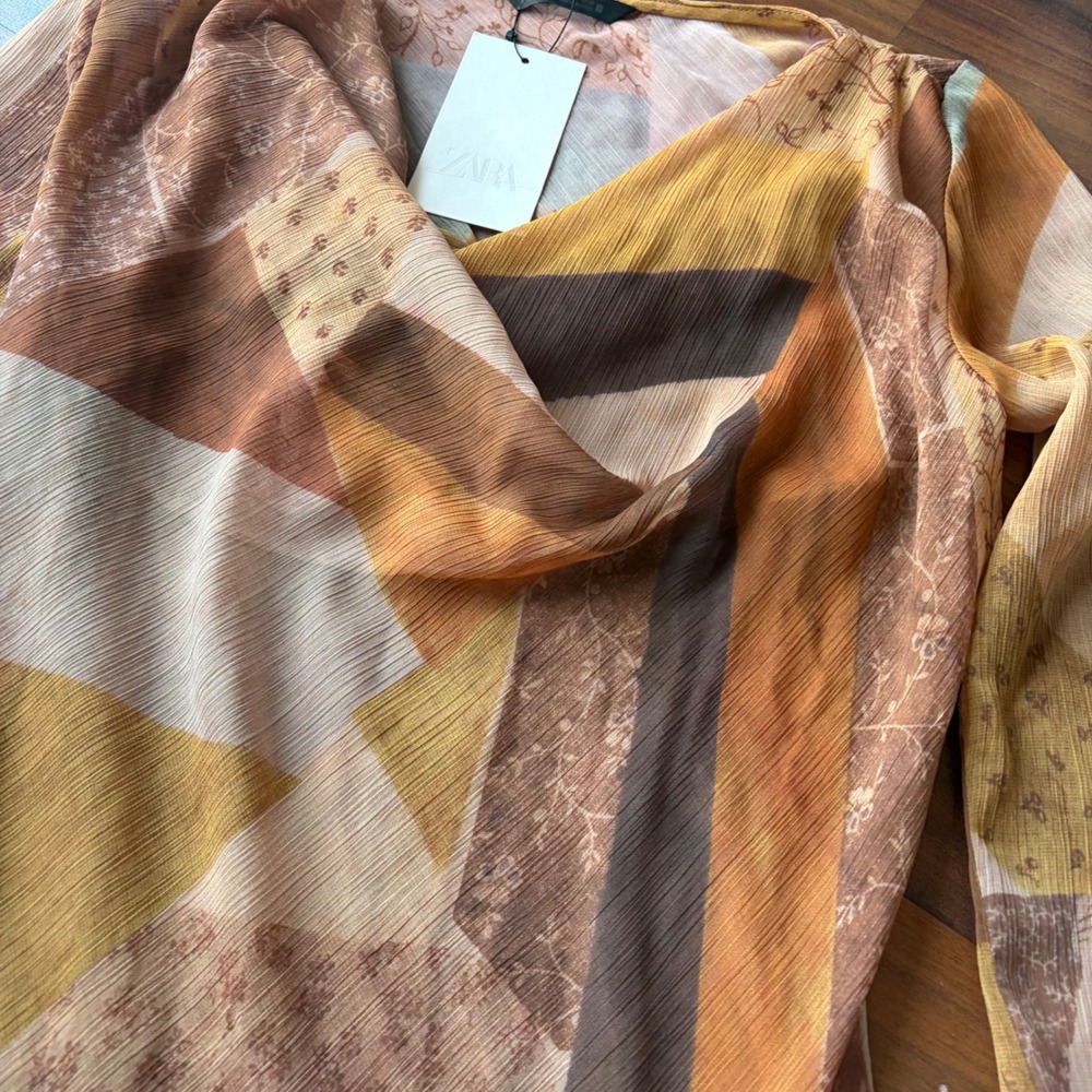 Zara Patchwork‎ Geometric Mini Dress Cowl Neck Flare Sleeve Ruffle Hem Coachella - Picture 2 of 5